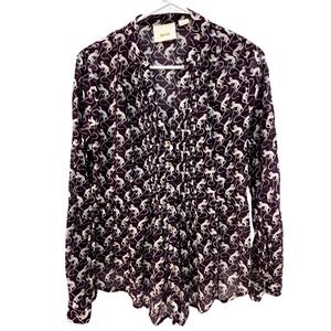 Maeve Anthropologie Purple Monkey Print Button Up Shirt Women Size 8 Long Sleeve